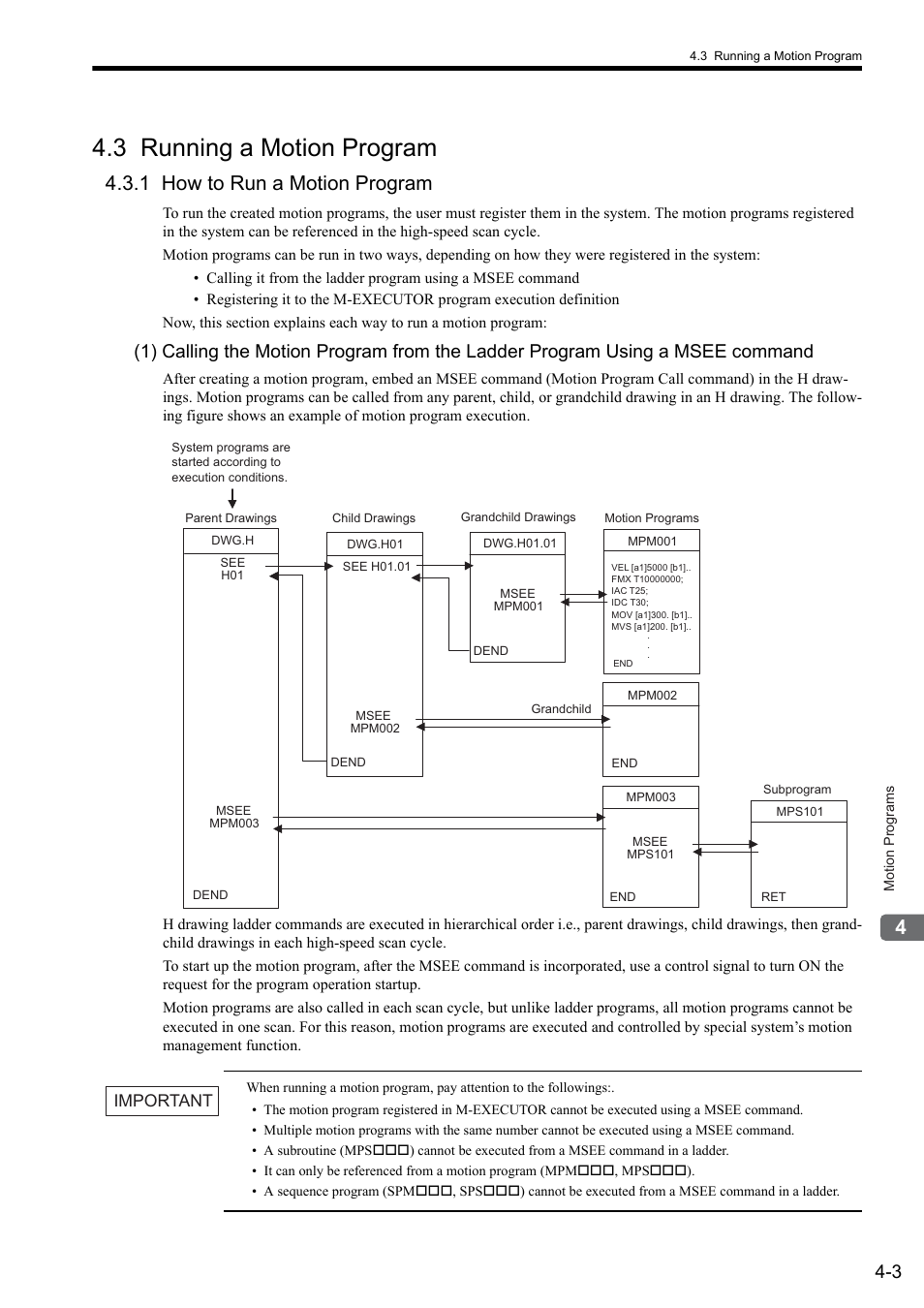 3 running a motion program, 1 how to run a motion program, Important | Yaskawa MP2000 Series: User's Manual for Motion Programming User Manual | Page 55 / 356