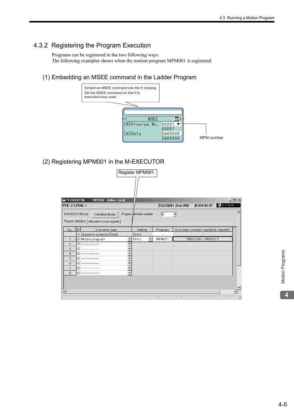 2 registering the program execution, 1) embedding an msee command in the ladder program, 2) registering mpm001 in the m-executor | Yaskawa MP2000 Series: User's Manual for Motion Programming User Manual | Page 57 / 356