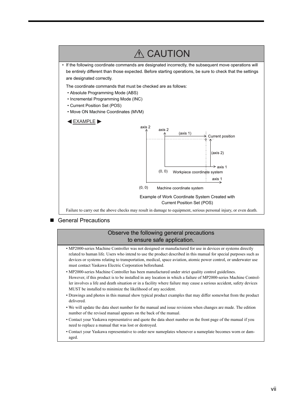 Caution, Vii general precautions | Yaskawa MP2000 Series: User's Manual for Motion Programming User Manual | Page 7 / 356