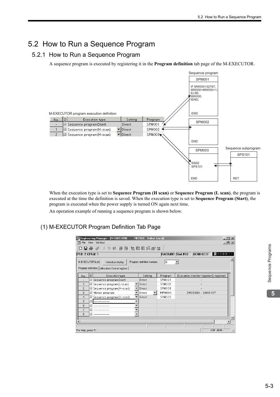 2 how to run a sequence program, 1 how to run a sequence program, 1) m-executor program definition tab page | Yaskawa MP2000 Series: User's Manual for Motion Programming User Manual | Page 70 / 356