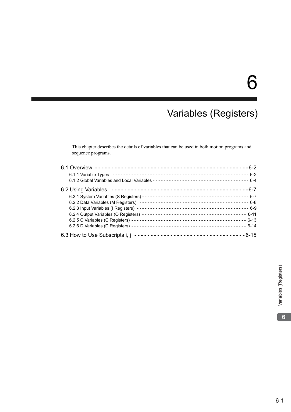 6 variables (registers), Variables (registers) | Yaskawa MP2000 Series: User's Manual for Motion Programming User Manual | Page 73 / 356