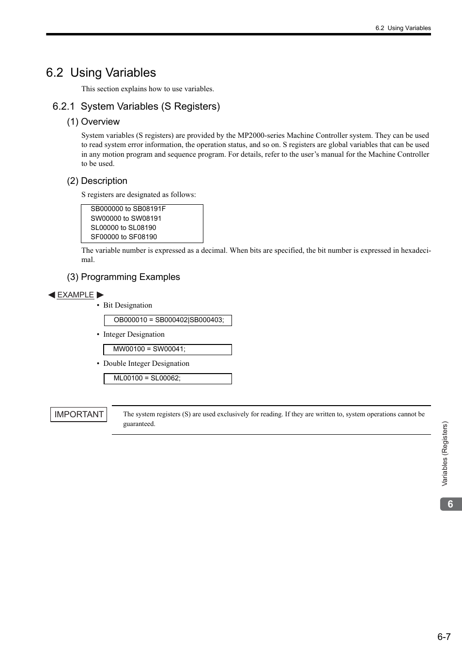 2 using variables, 1 system variables (s registers), 1) overview | 2) description, 3) programming examples | Yaskawa MP2000 Series: User's Manual for Motion Programming User Manual | Page 79 / 356