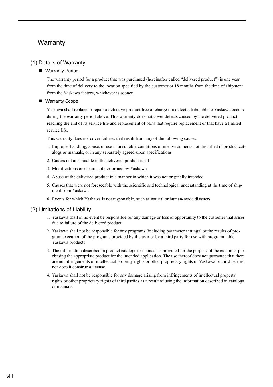 Warranty, Viii, 1) details of warranty | 2) limitations of liability | Yaskawa MP2000 Series: User's Manual for Motion Programming User Manual | Page 8 / 356