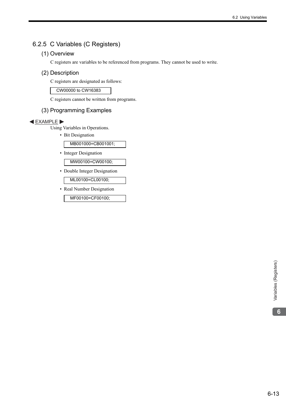5 c variables (c registers), 1) overview, 2) description | 3) programming examples | Yaskawa MP2000 Series: User's Manual for Motion Programming User Manual | Page 85 / 356
