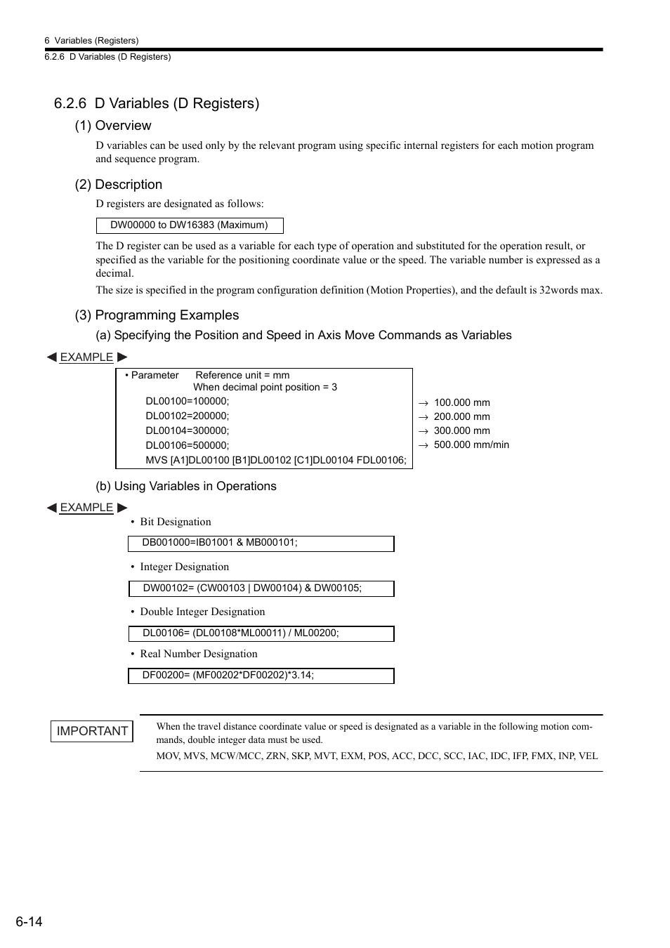 6 d variables (d registers), 1) overview, 2) description | 3) programming examples | Yaskawa MP2000 Series: User's Manual for Motion Programming User Manual | Page 86 / 356