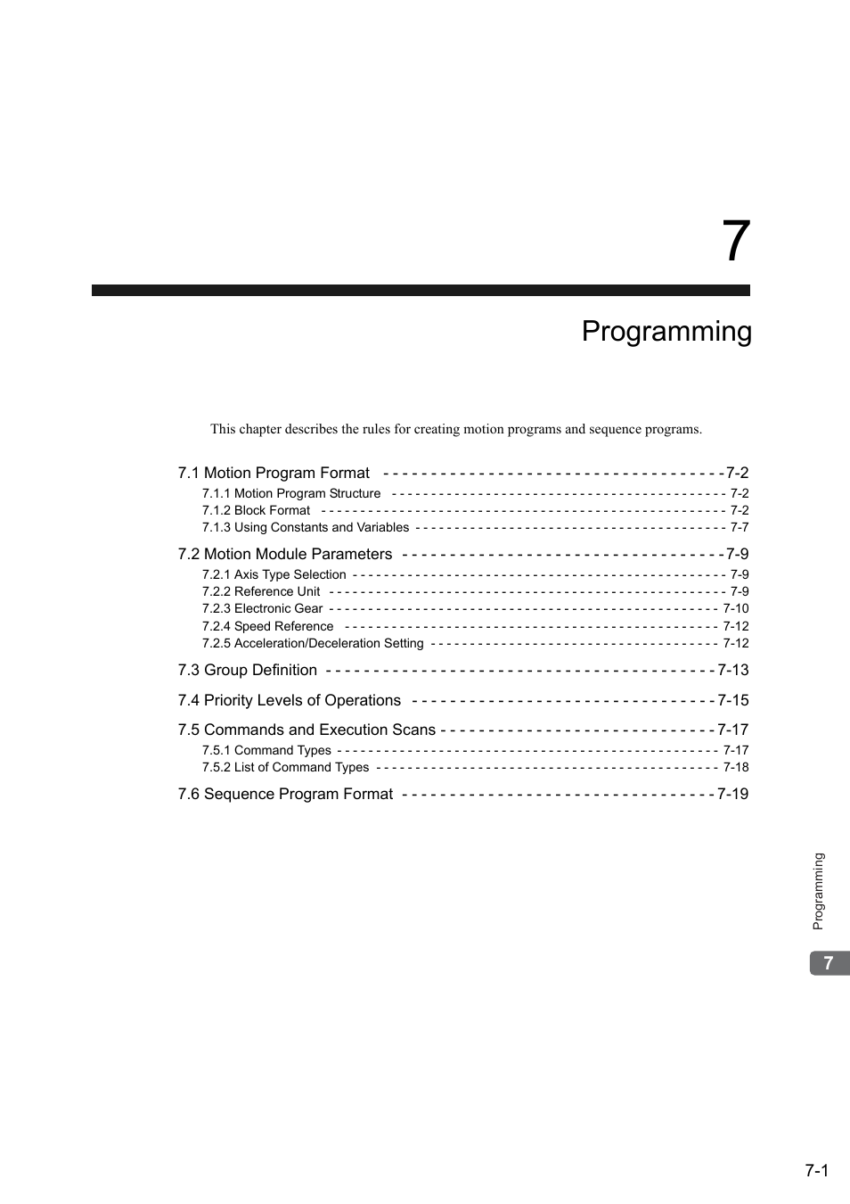 7 programming, Programming | Yaskawa MP2000 Series: User's Manual for Motion Programming User Manual | Page 89 / 356