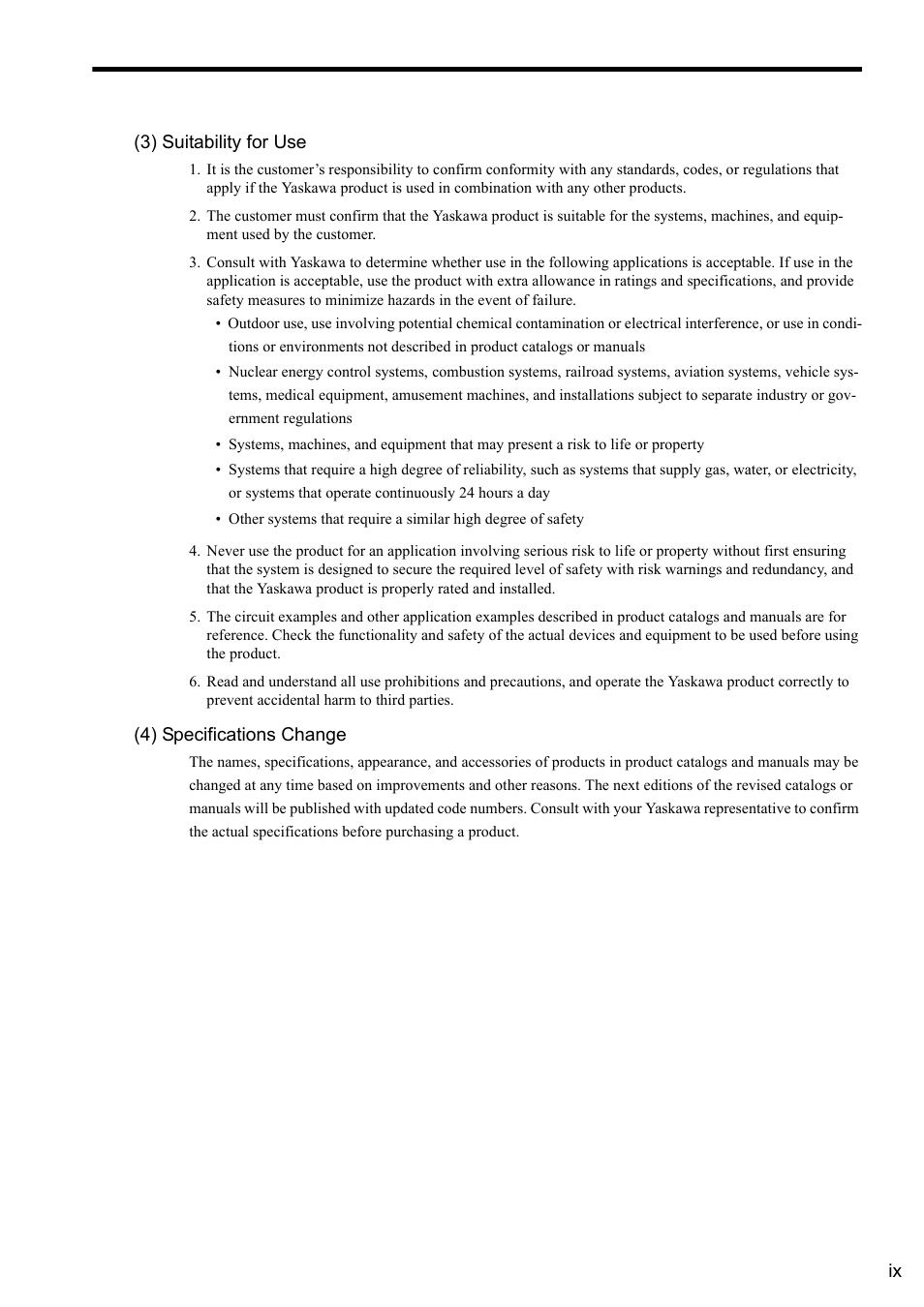 Ix (3) suitability for use, 4) specifications change | Yaskawa MP2000 Series: User's Manual for Motion Programming User Manual | Page 9 / 356