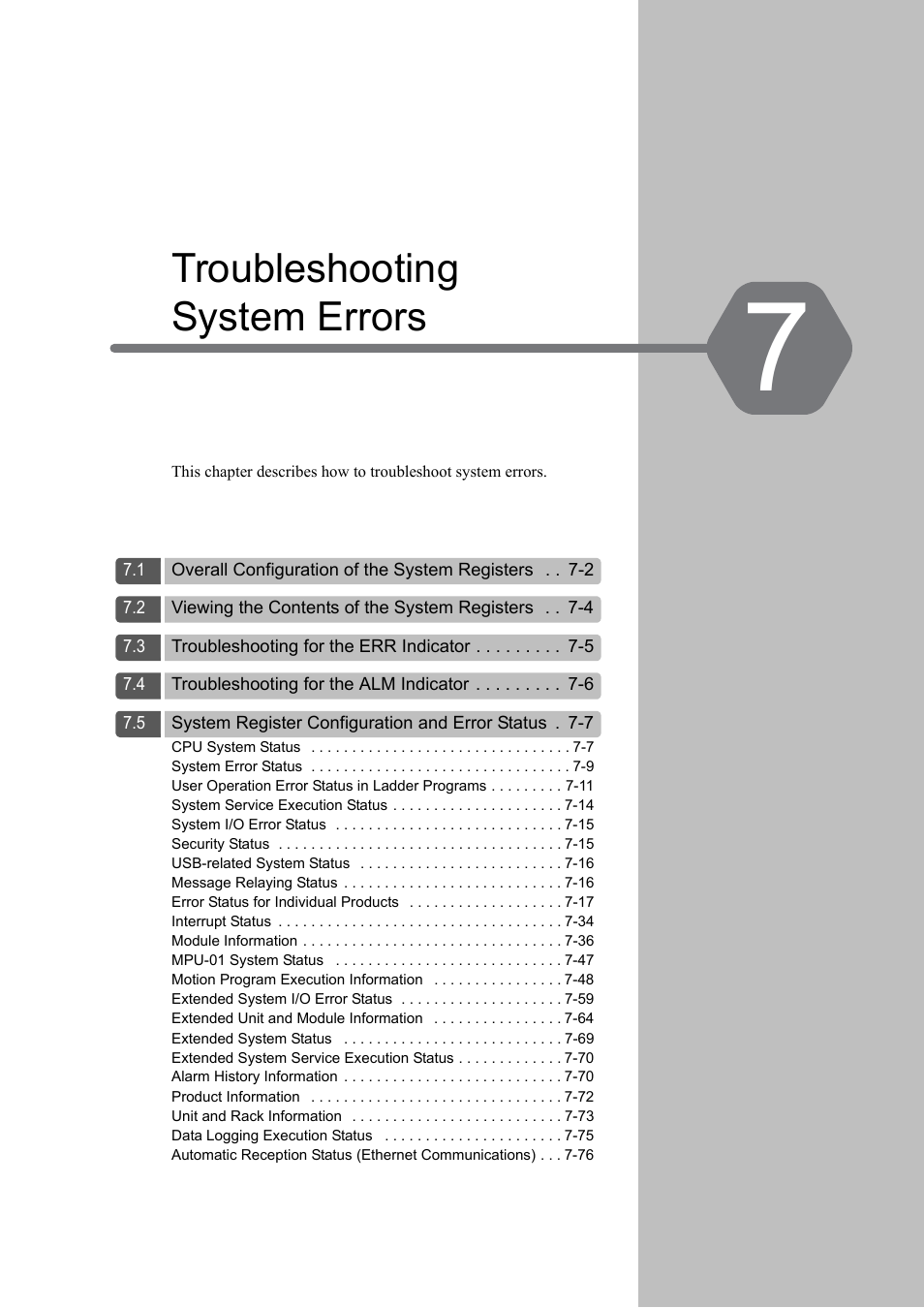 7 troubleshooting system errors, Troubleshooting system errors, Chapter 7 troubleshooting system errors | Yaskawa MP3200 Troubleshooting Manual User Manual | Page 127 / 219