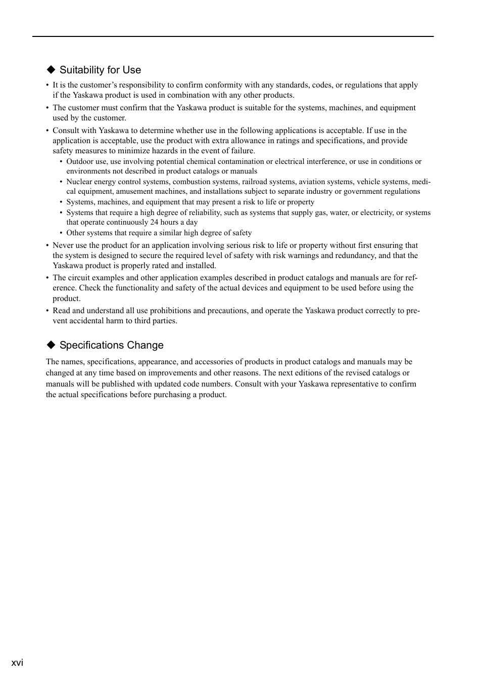 Suitability for use, Specifications change | Yaskawa MP3200 Troubleshooting Manual User Manual | Page 16 / 219