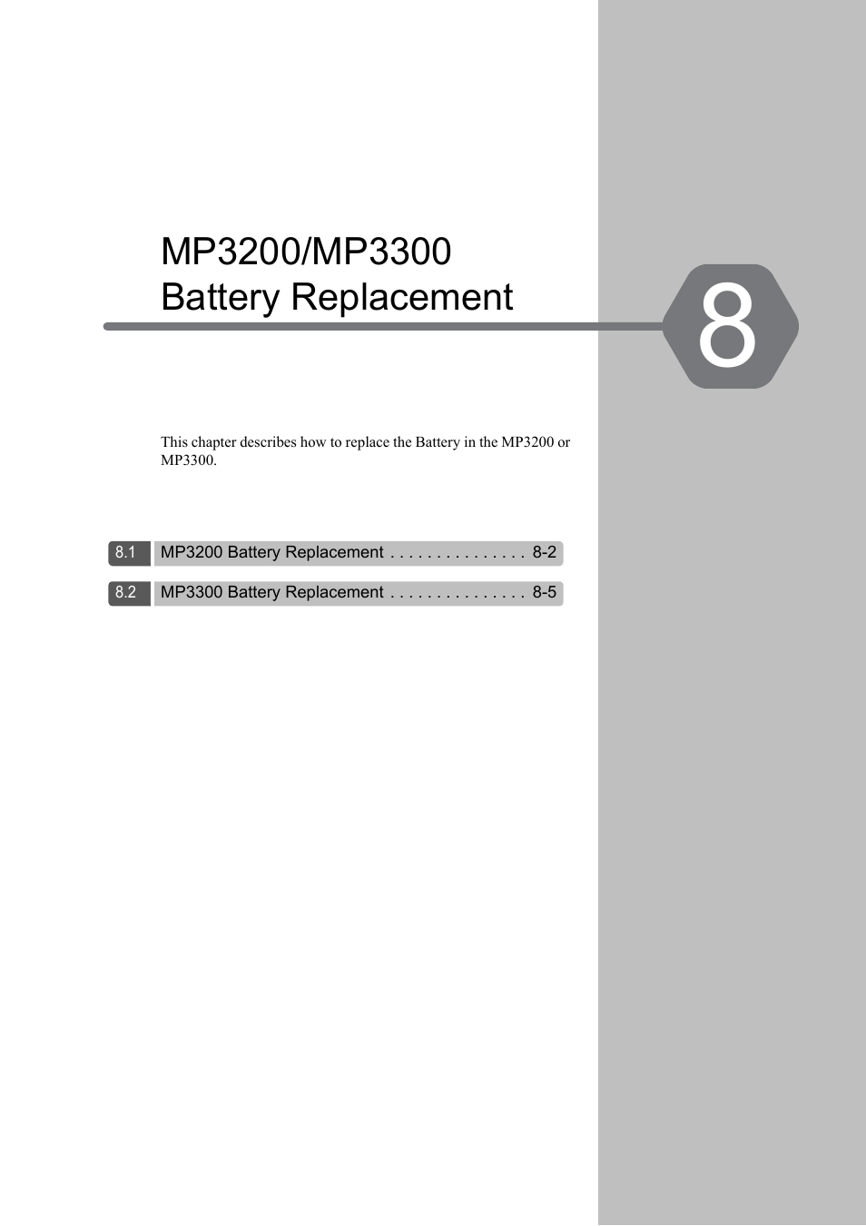 8 mp3200/mp3300 battery replacement, Mp3200/mp3300 battery replacement | Yaskawa MP3200 Troubleshooting Manual User Manual | Page 207 / 219