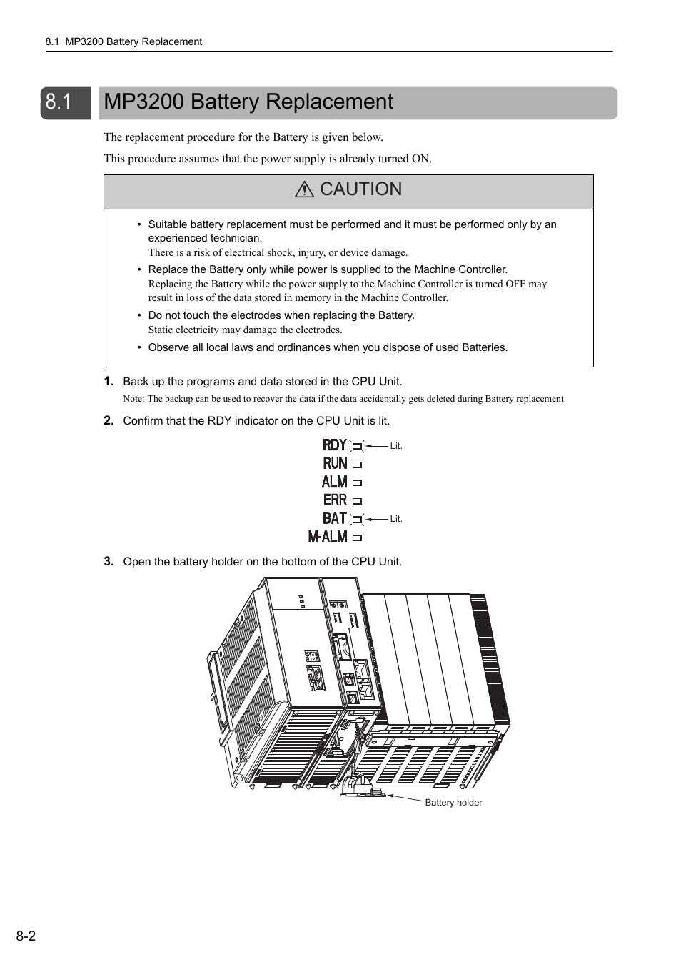1 mp3200 battery replacement, Mp3200 battery replacement -2, Caution | Yaskawa MP3200 Troubleshooting Manual User Manual | Page 208 / 219