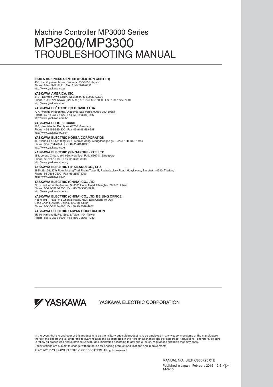 Back cover, Troubleshooting manual, Machine controller mp3000 series | Yaskawa electric corporation | Yaskawa MP3200 Troubleshooting Manual User Manual | Page 219 / 219
