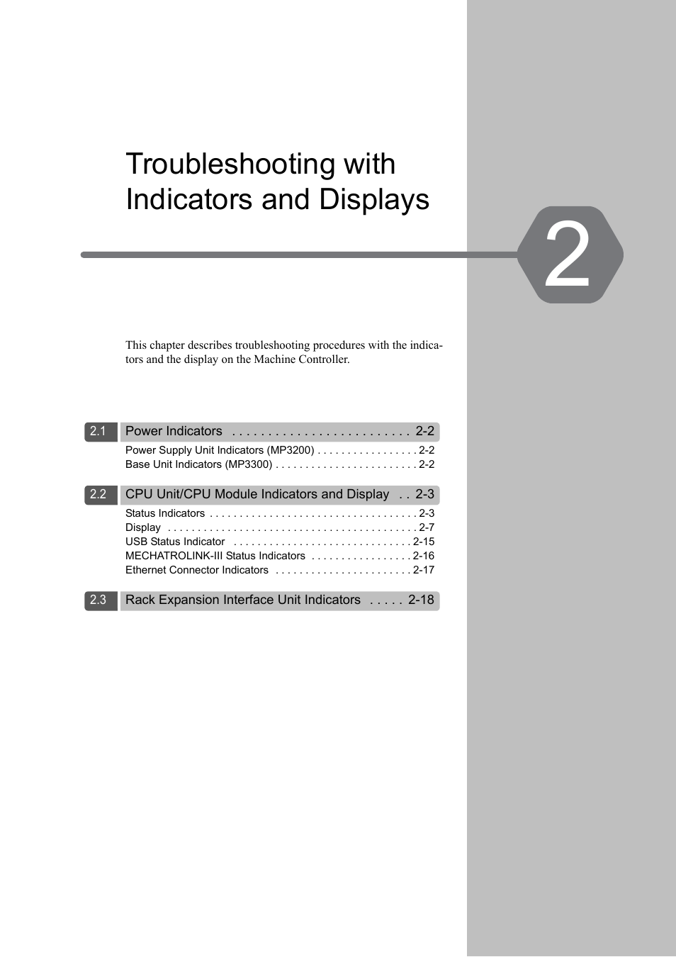 2 troubleshooting with indicators and displays, Troubleshooting with indicators and displays | Yaskawa MP3200 Troubleshooting Manual User Manual | Page 23 / 219