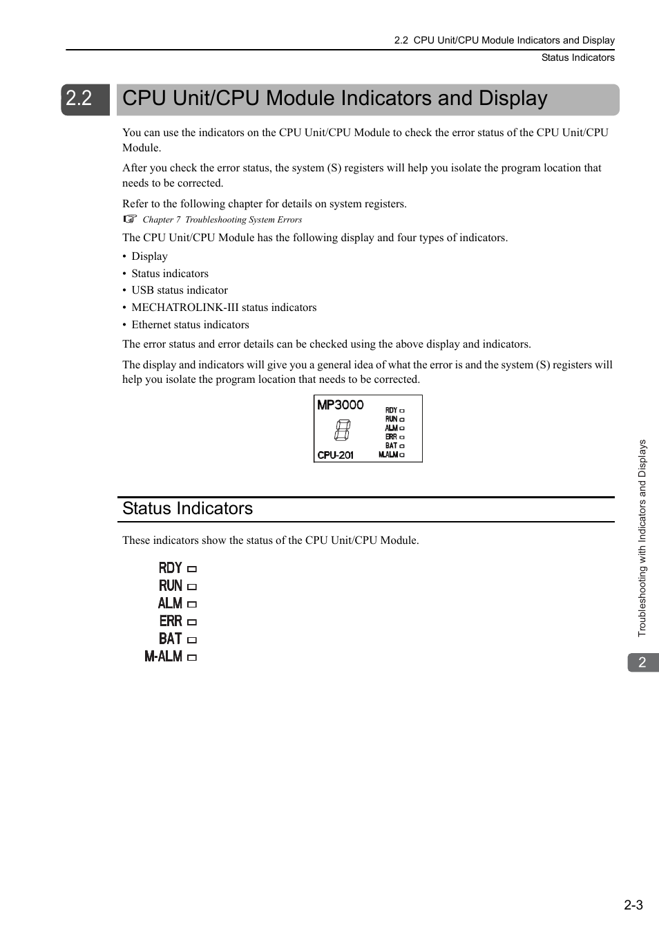 2 cpu unit/cpu module indicators and display, Status indicators, Status indicators -3 | Cpu unit/cpu module indicators and display -3 | Yaskawa MP3200 Troubleshooting Manual User Manual | Page 25 / 219