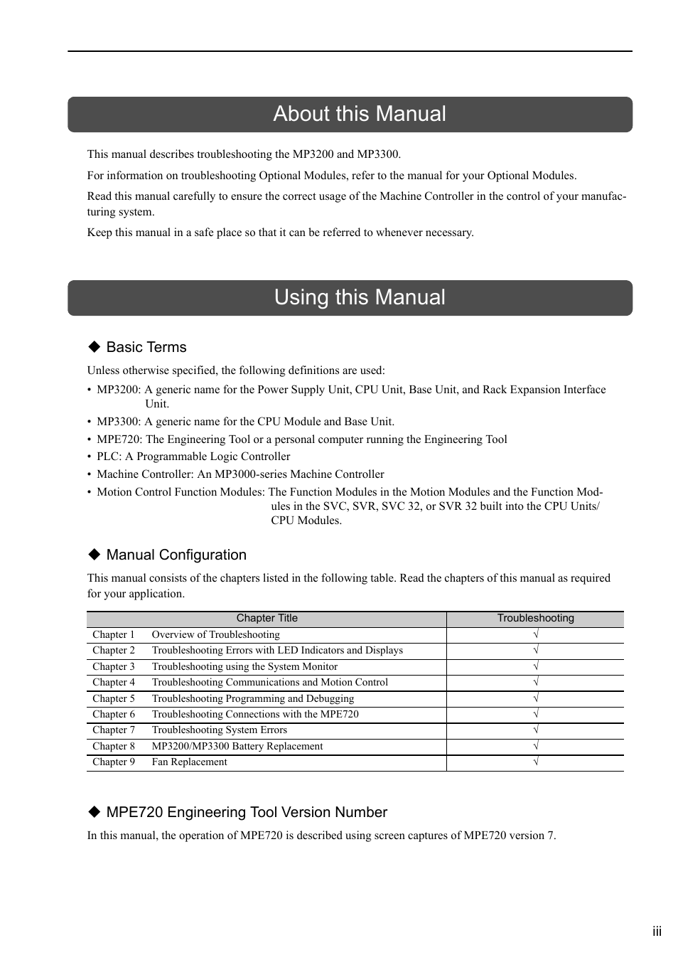 About this manual, Using this manual, Basic terms | Manual configuration, Mpe720 engineering tool version number | Yaskawa MP3200 Troubleshooting Manual User Manual | Page 3 / 219