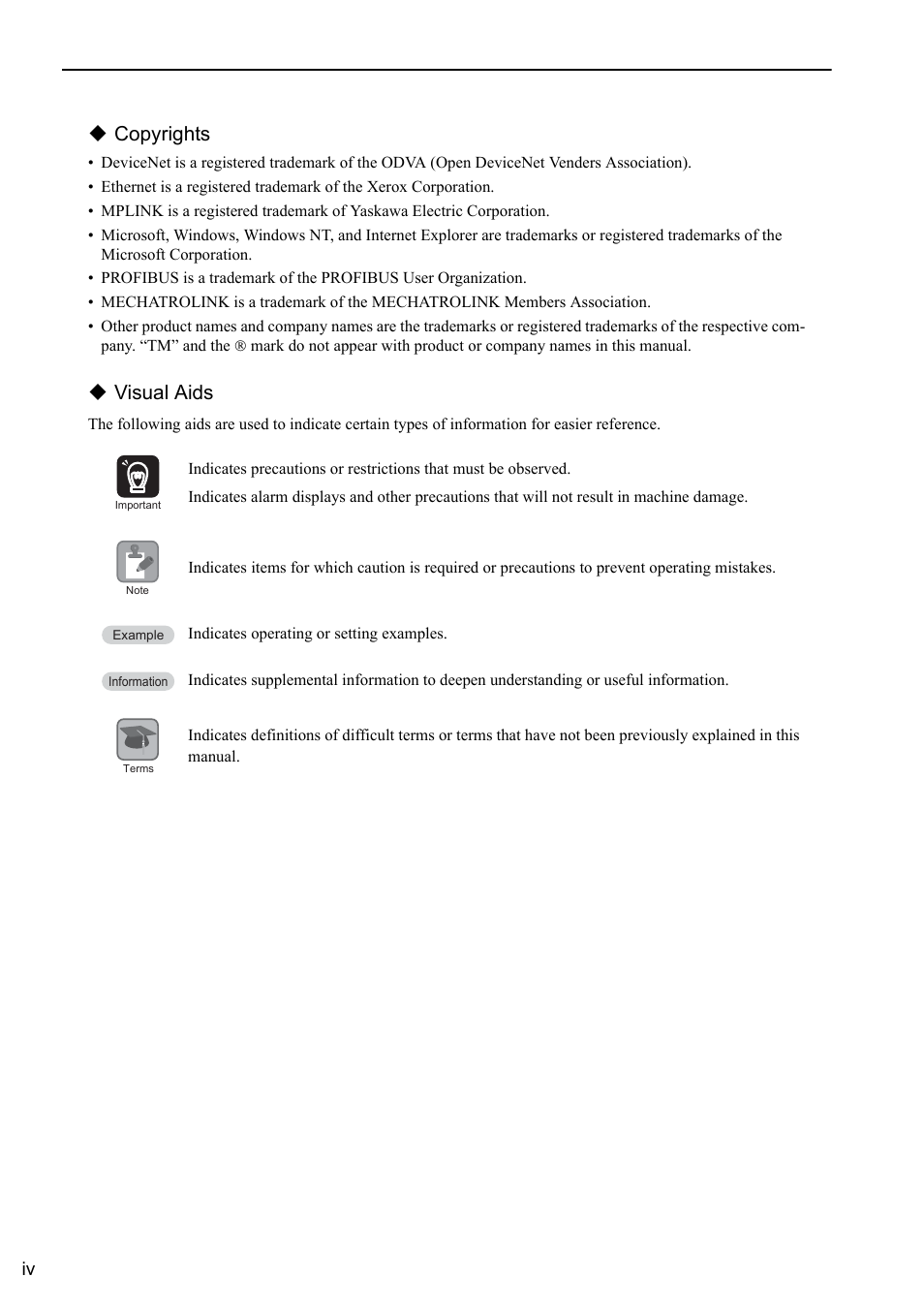 Copyrights, Visual aids | Yaskawa MP3200 Troubleshooting Manual User Manual | Page 4 / 219