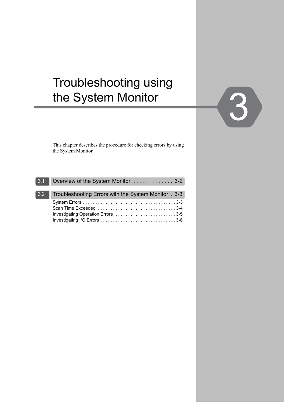 3 troubleshooting using the system monitor, Troubleshooting using the system monitor, Chapter 3 troubleshooting using the system monitor | Yaskawa MP3200 Troubleshooting Manual User Manual | Page 41 / 219