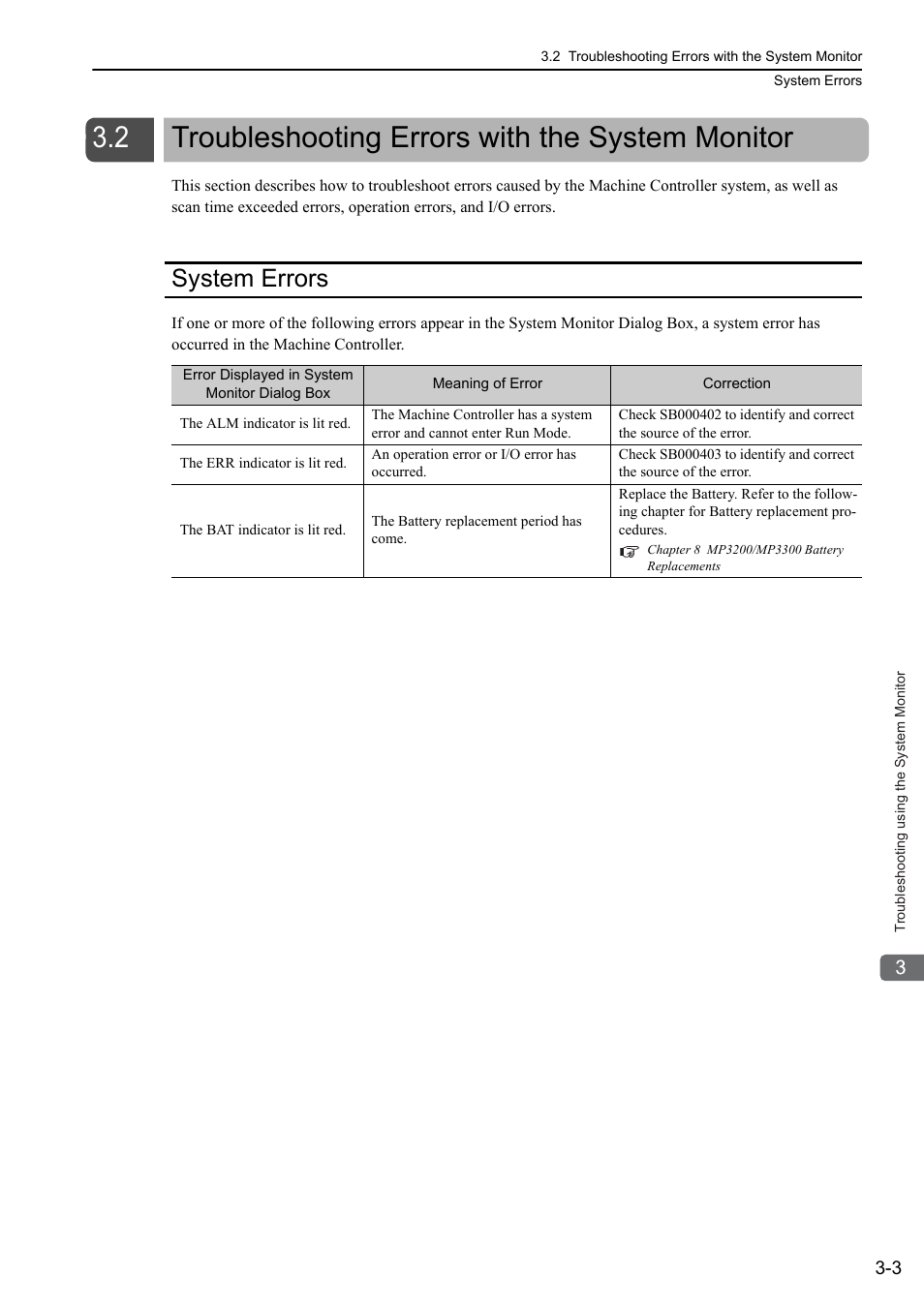 2 troubleshooting errors with the system monitor, System errors, System errors -3 | Yaskawa MP3200 Troubleshooting Manual User Manual | Page 43 / 219