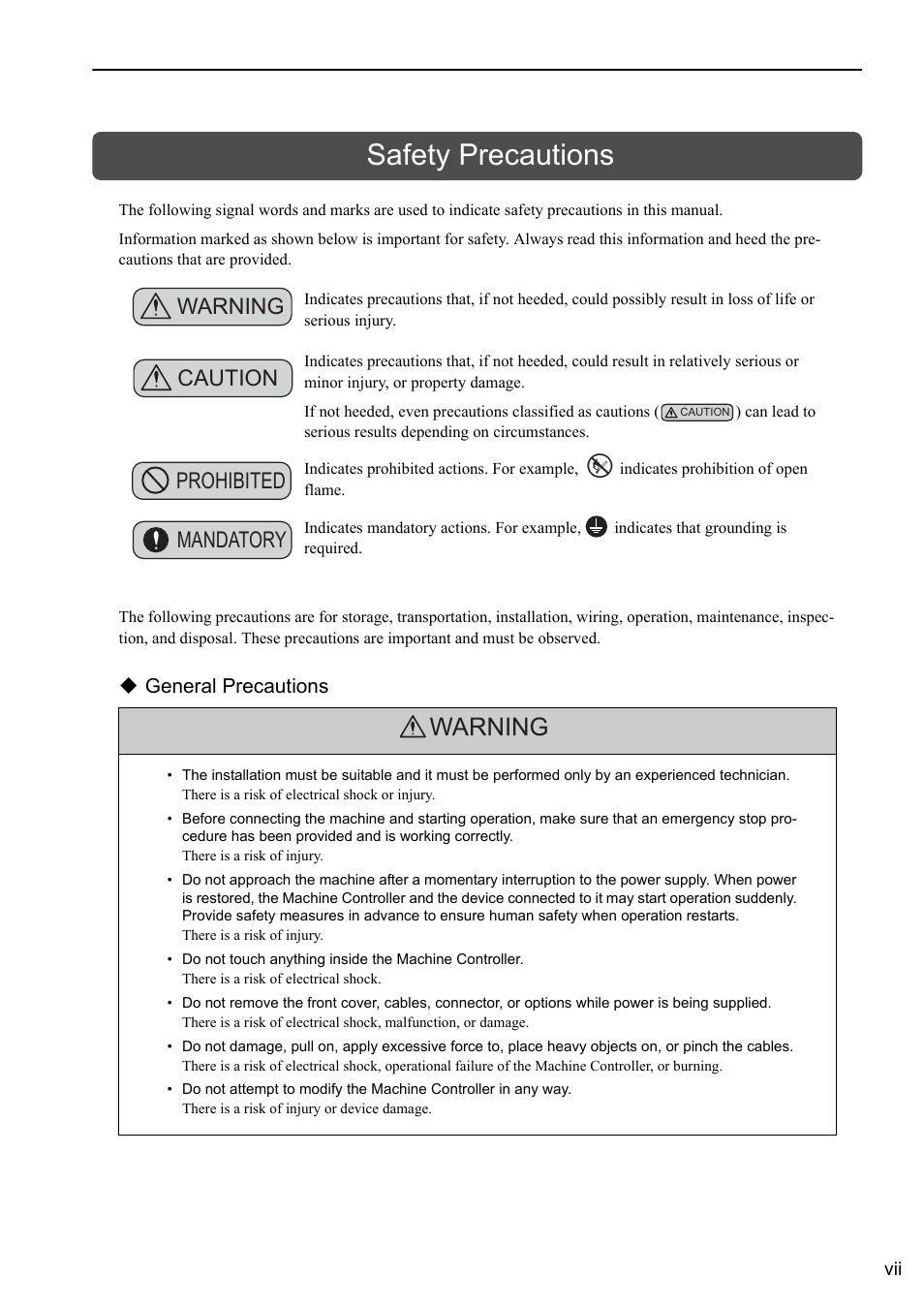 Safety precautions, Warning, Warning caution | Prohibited mandatory | Yaskawa MP3200 Troubleshooting Manual User Manual | Page 7 / 219
