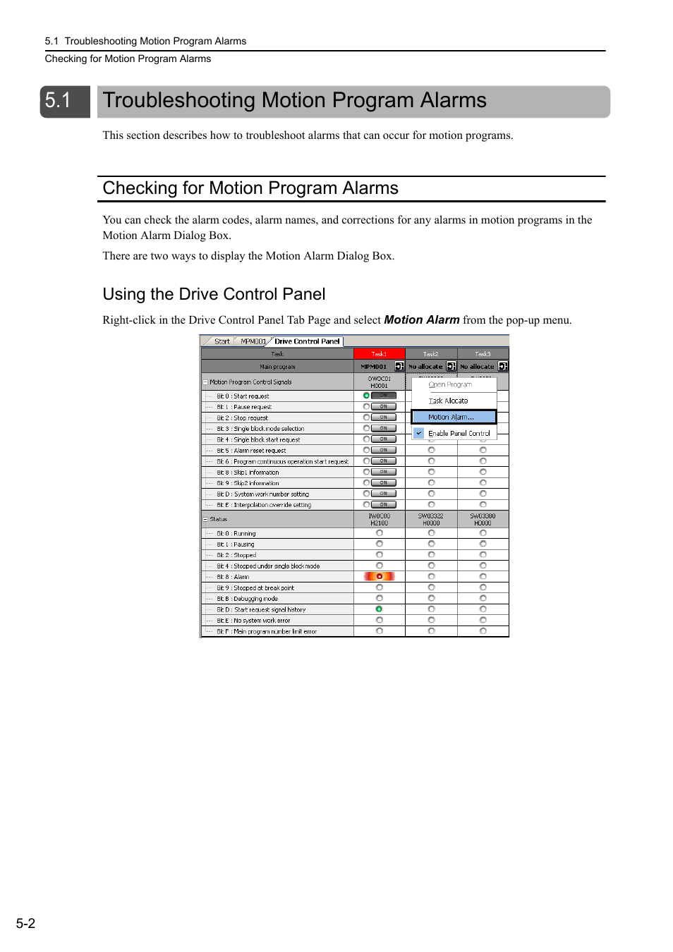 1 troubleshooting motion program alarms, Checking for motion program alarms, Checking for motion program alarms -2 | Troubleshooting motion program alarms -2, Using the drive control panel | Yaskawa MP3200 Troubleshooting Manual User Manual | Page 77 / 219
