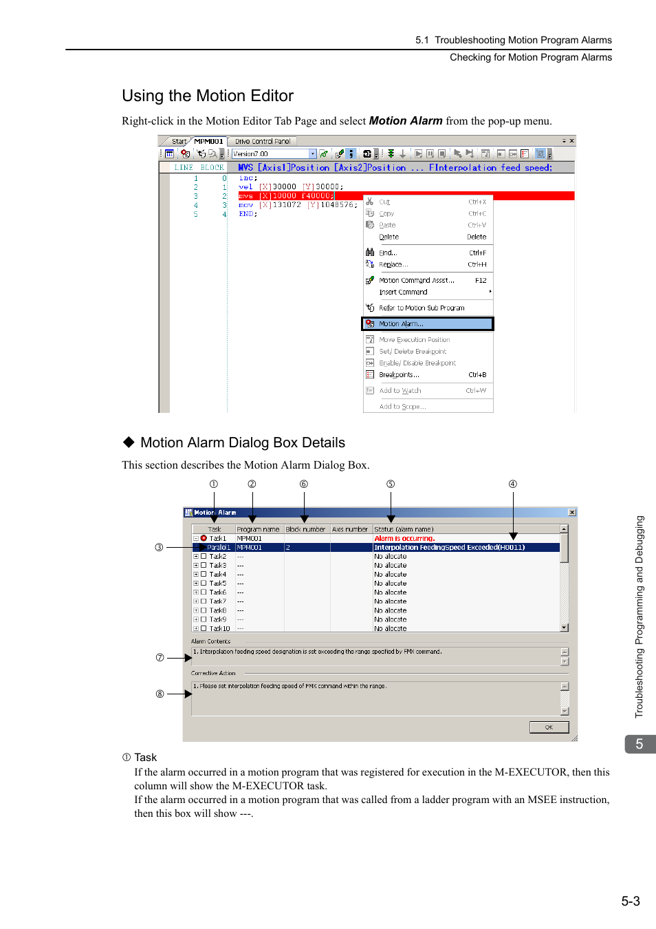Using the motion editor, Motion alarm dialog box details | Yaskawa MP3200 Troubleshooting Manual User Manual | Page 78 / 219