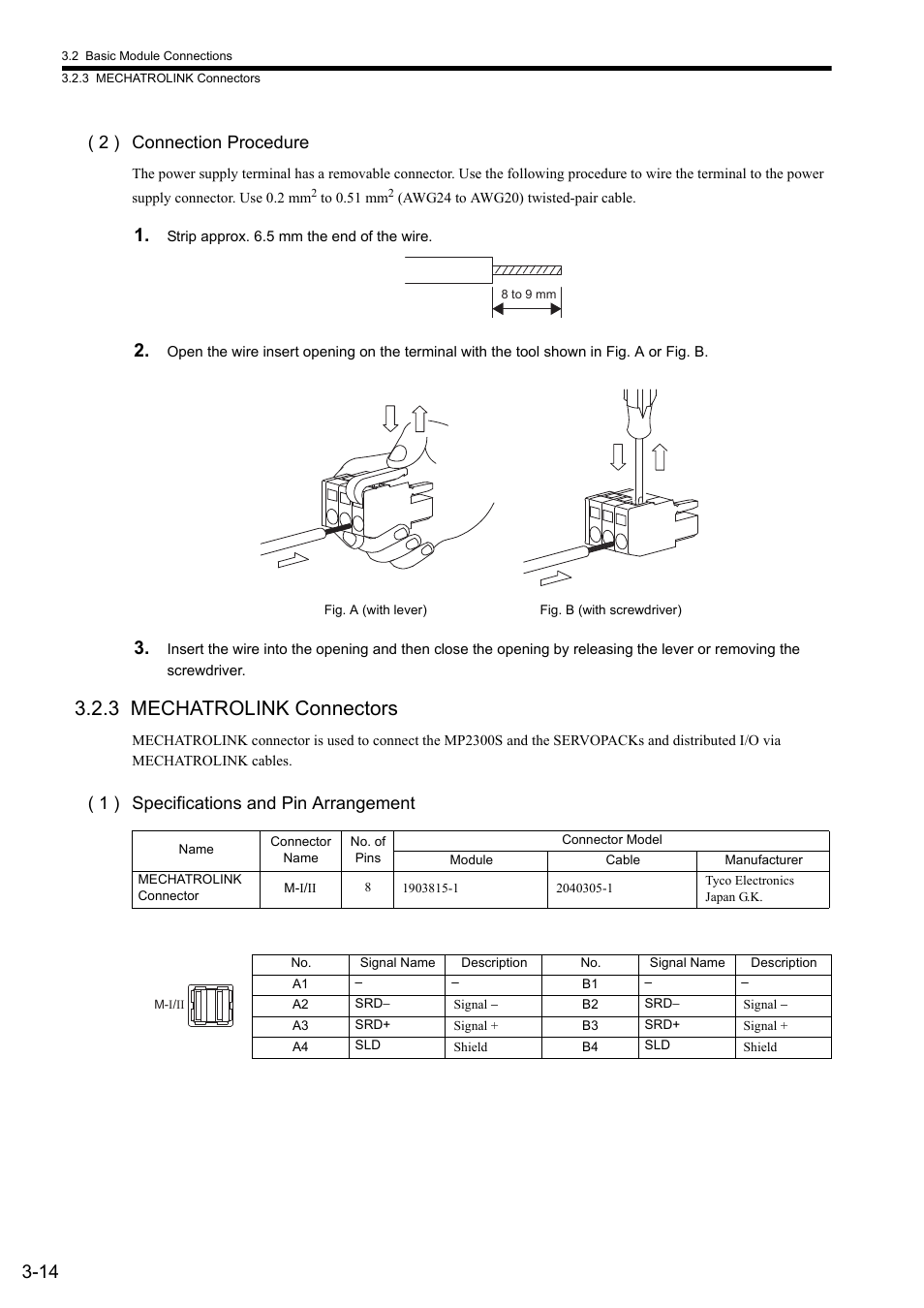 3 mechatrolink connectors, 2 ) connection procedure, 1 ) specifications and pin arrangement | Yaskawa MP2300S Basic Module User Manual | Page 105 / 460