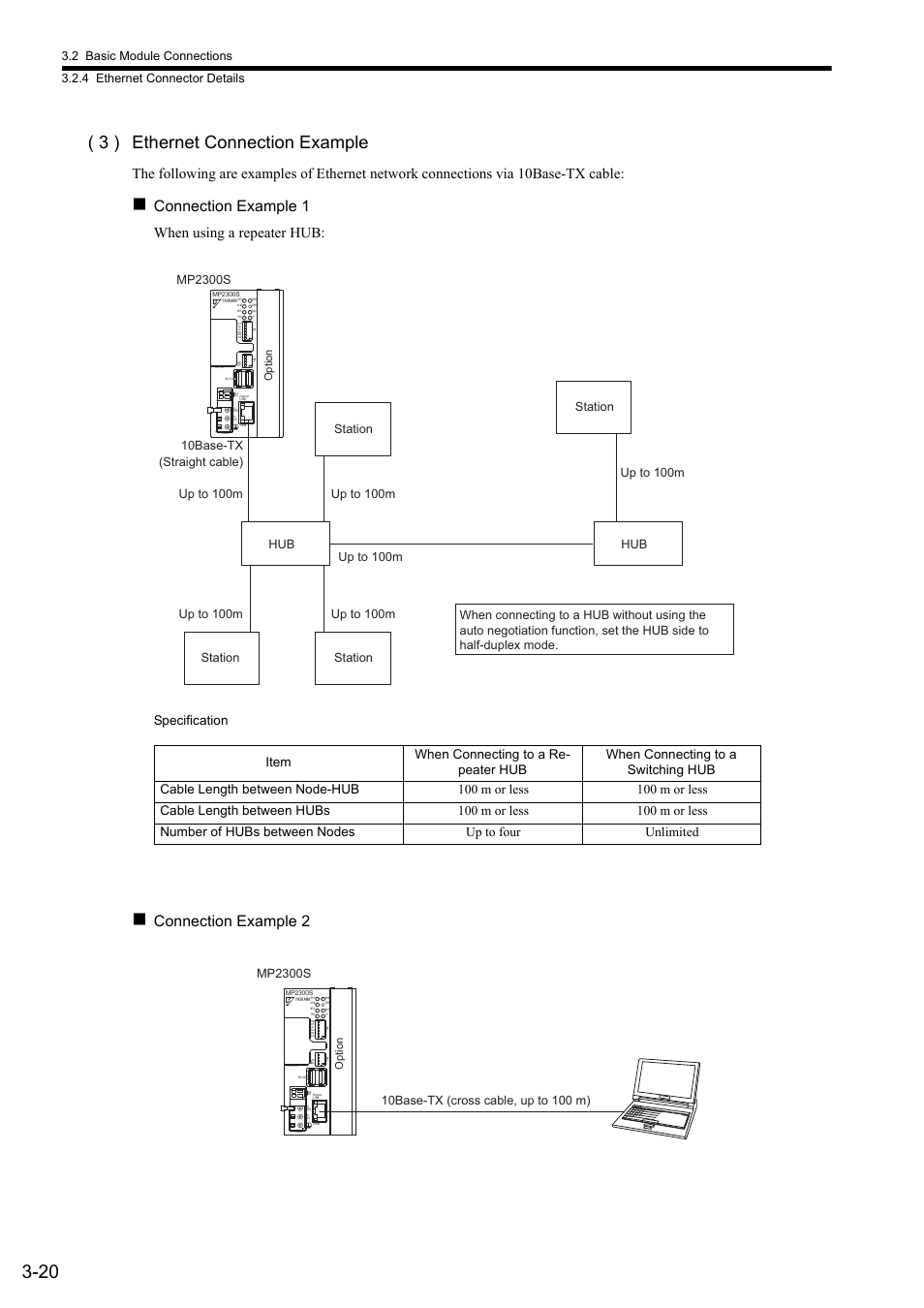 3 ) ethernet connection example, Connection example 1 when using a repeater hub, Connection example 2 | Specification, Mp2300s, Option | Yaskawa MP2300S Basic Module User Manual | Page 111 / 460