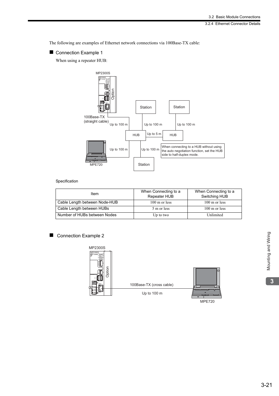 Connection example 1 when using a repeater hub, Connection example 2, Mounting and wiring | Specification, Option 100base-tx (straight cable), Station, Mp2300s | Yaskawa MP2300S Basic Module User Manual | Page 112 / 460