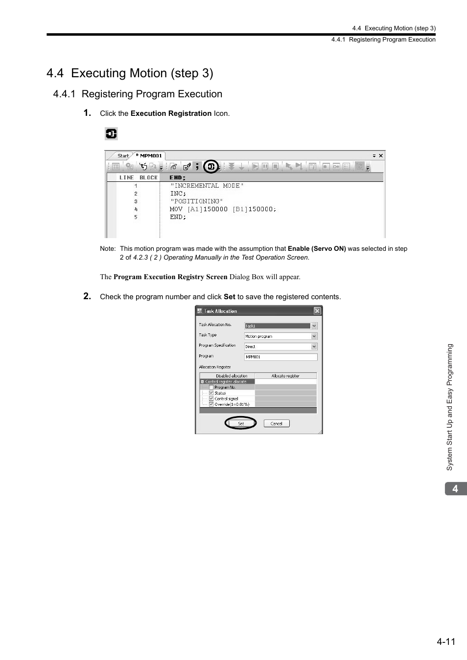 4 executing motion (step 3), 1 registering program execution | Yaskawa MP2300S Basic Module User Manual | Page 127 / 460