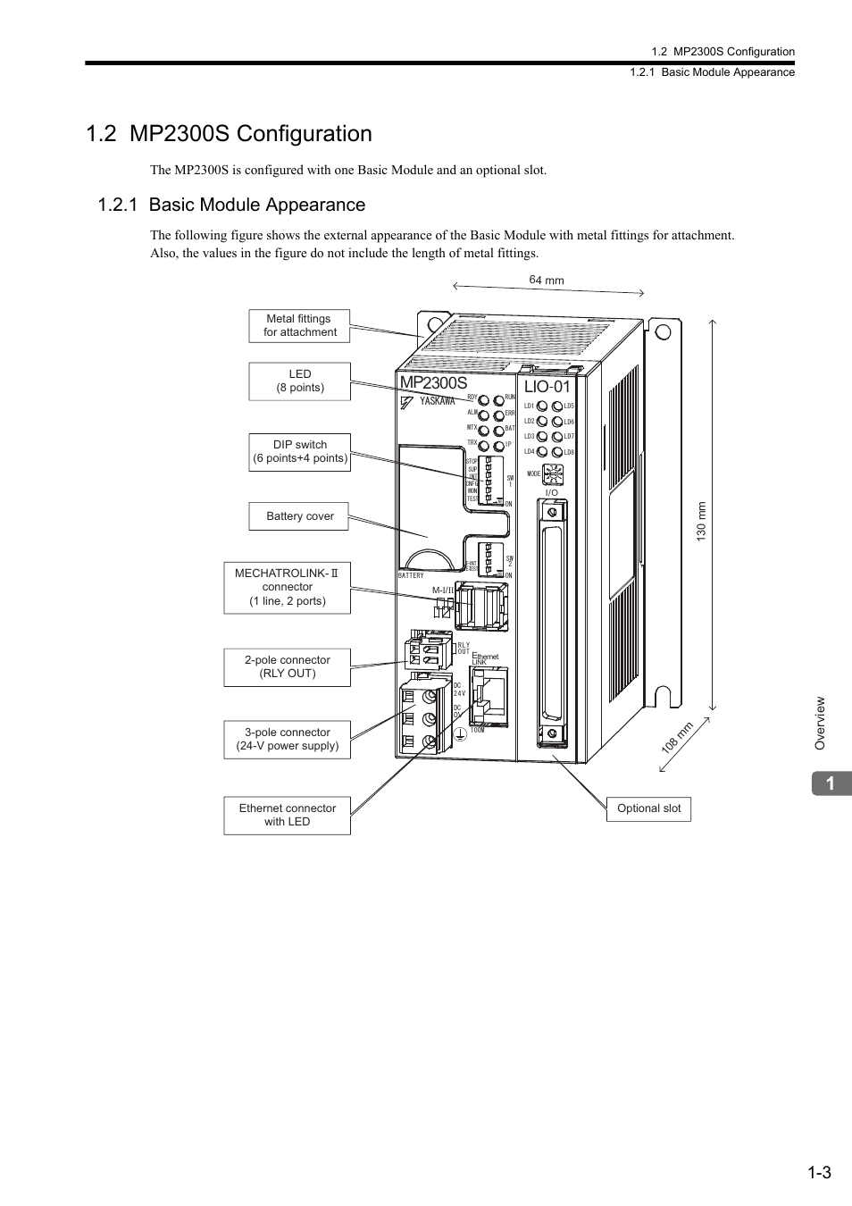 2 mp2300s configuration, 1 basic module appearance, Mp lio | Overview | Yaskawa MP2300S Basic Module User Manual | Page 19 / 460