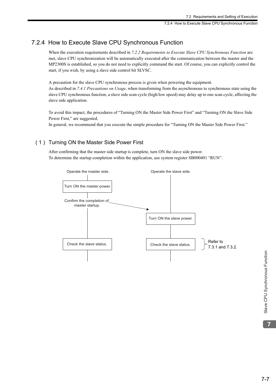 4 how to execute slave cpu synchronous function, 1 ) turning on the master side power first | Yaskawa MP2300S Basic Module User Manual | Page 285 / 460