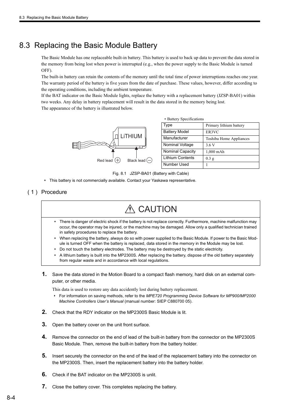 3 replacing the basic module battery, Caution, Lithium | Yaskawa MP2300S Basic Module User Manual | Page 311 / 460