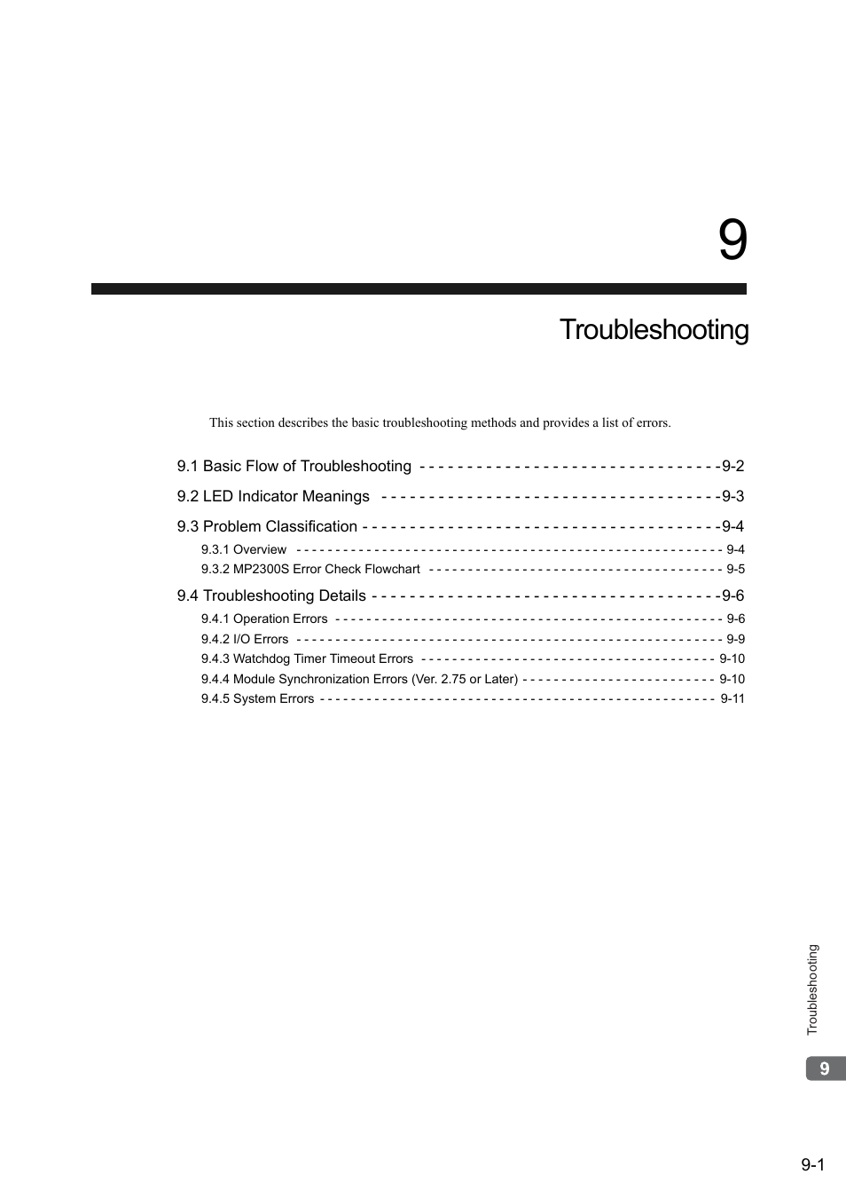 9 troubleshooting, Troubleshooting | Yaskawa MP2300S Basic Module User Manual | Page 312 / 460
