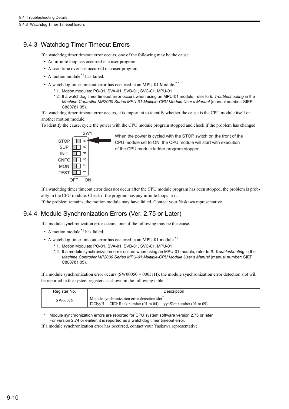 3 watchdog timer timeout errors | Yaskawa MP2300S Basic Module User Manual | Page 321 / 460