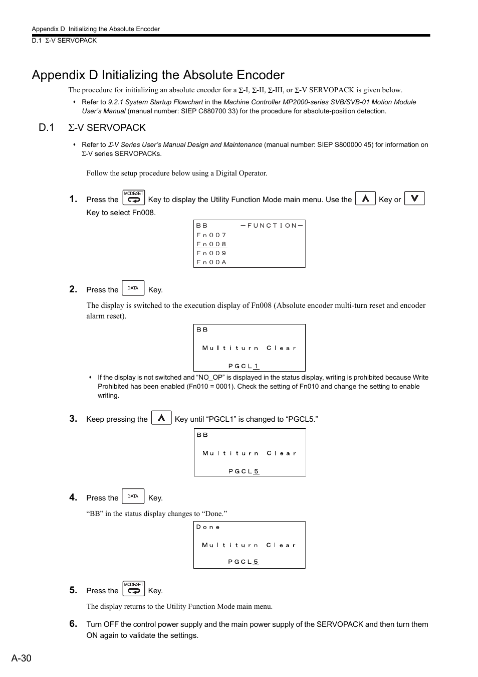 Appendix d initializing the absolute encoder, D.1 sigma-v servopack, D.1 σ | A-30, V servopack | Yaskawa MP2300S Basic Module User Manual | Page 352 / 460