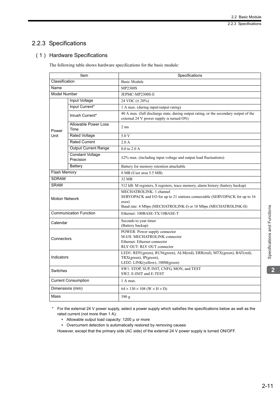 3 specifications, 1 ) hardware specifications | Yaskawa MP2300S Basic Module User Manual | Page 37 / 460