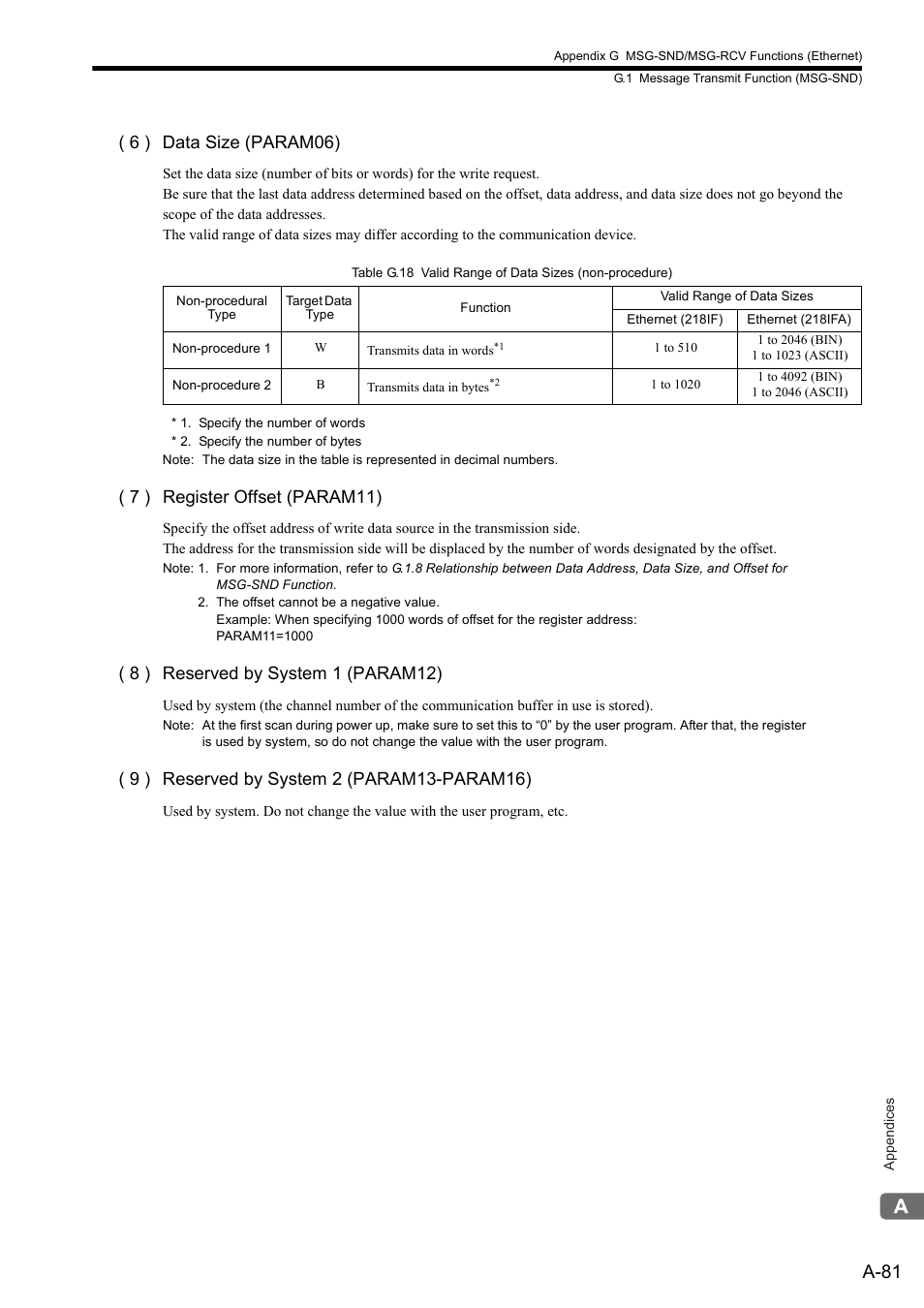 A-81, 6 ) data size (param06), 7 ) register offset (param11) | 8 ) reserved by system 1 (param12) | Yaskawa MP2300S Basic Module User Manual | Page 403 / 460