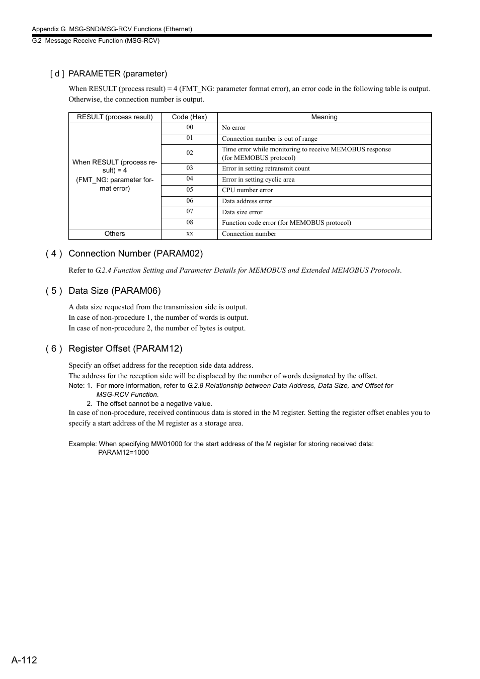 A-112, 4 ) connection number (param02), 5 ) data size (param06) | 6 ) register offset (param12) | Yaskawa MP2300S Basic Module User Manual | Page 434 / 460