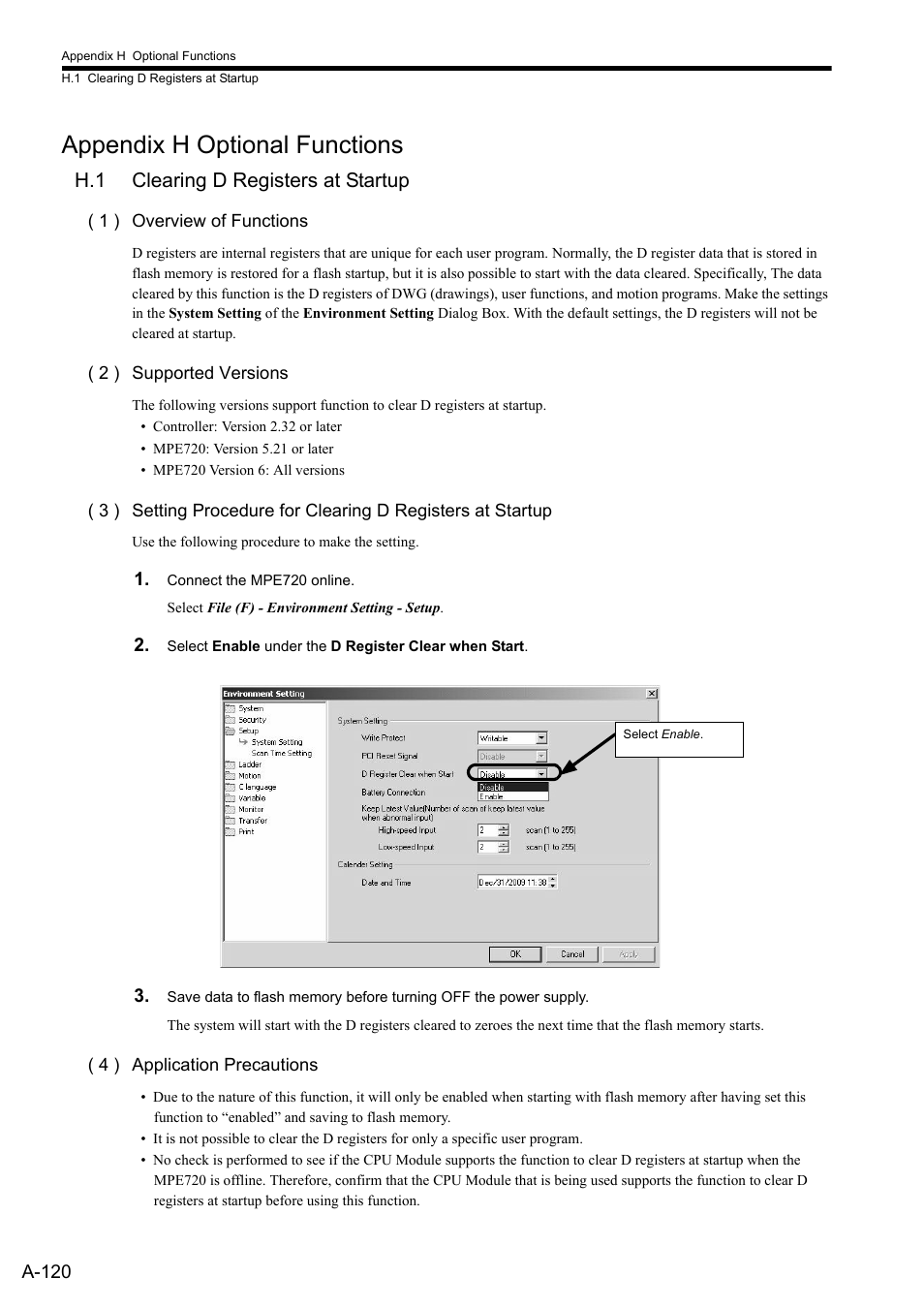Appendix h optional functions, H.1 clearing d registers at startup | Yaskawa MP2300S Basic Module User Manual | Page 442 / 460