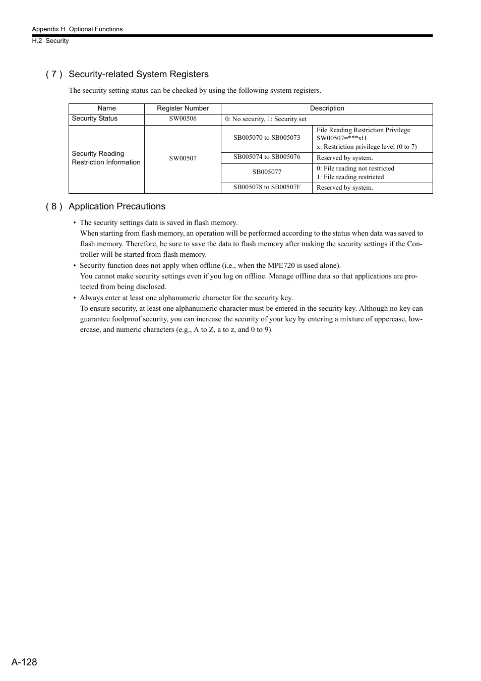 A-128, 7 ) security-related system registers, 8 ) application precautions | Yaskawa MP2300S Basic Module User Manual | Page 450 / 460