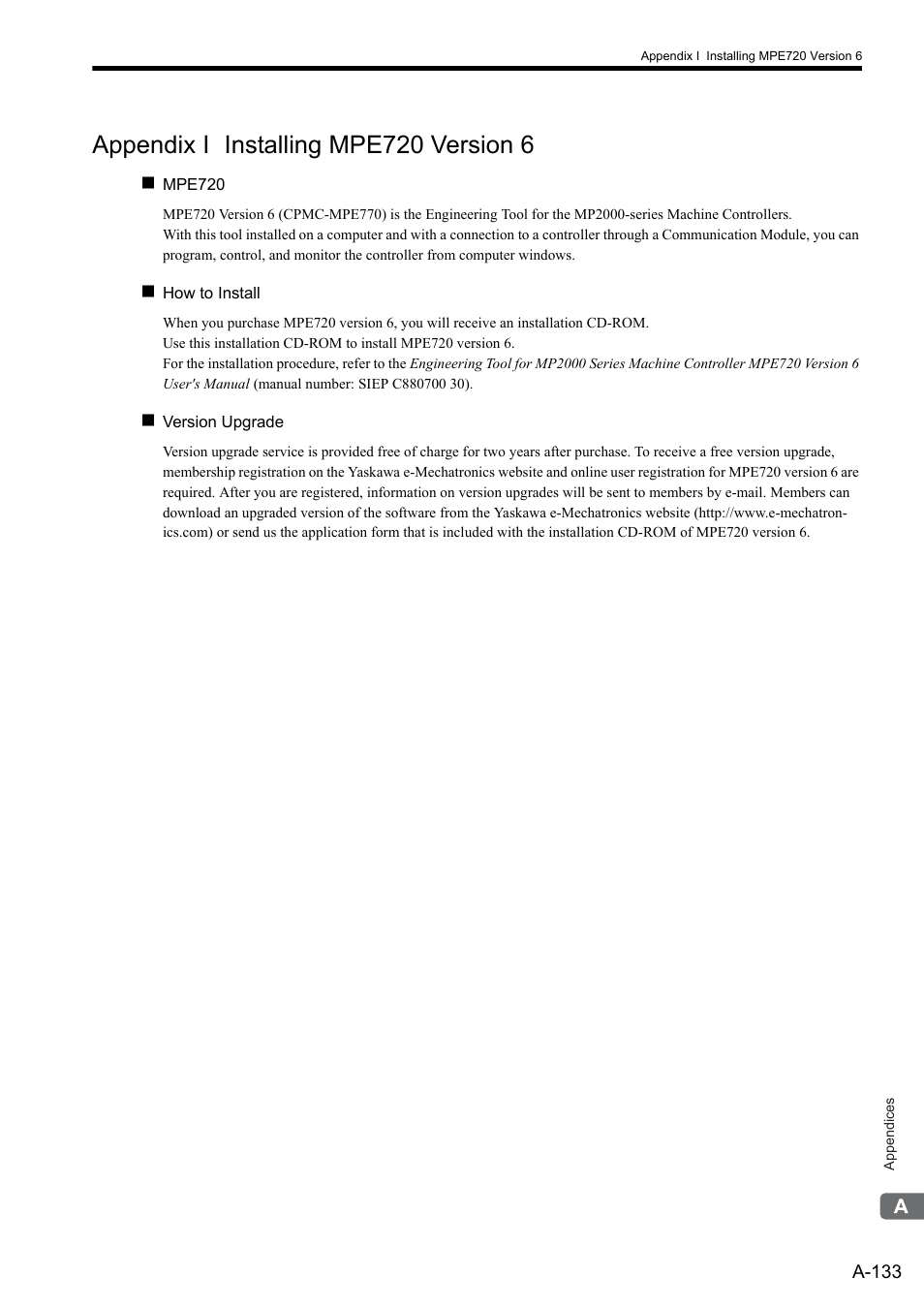 Appendix i installing mpe720 version 6 | Yaskawa MP2300S Basic Module User Manual | Page 455 / 460