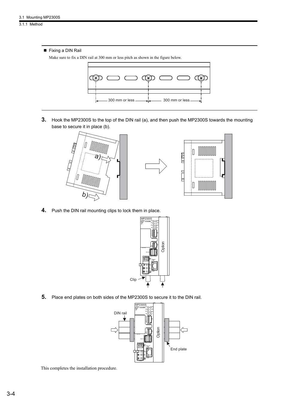 B) a), Fixing a din rail, 300 mm or less | Clip o pt ion din rail, Opt ion end plate | Yaskawa MP2300S Basic Module User Manual | Page 95 / 460