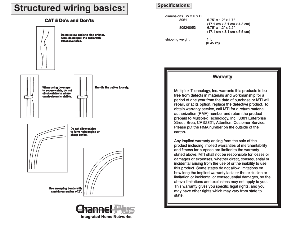 Structured wiring basics, Warranty | Channel Plus 8051 User Manual | Page 8 / 9