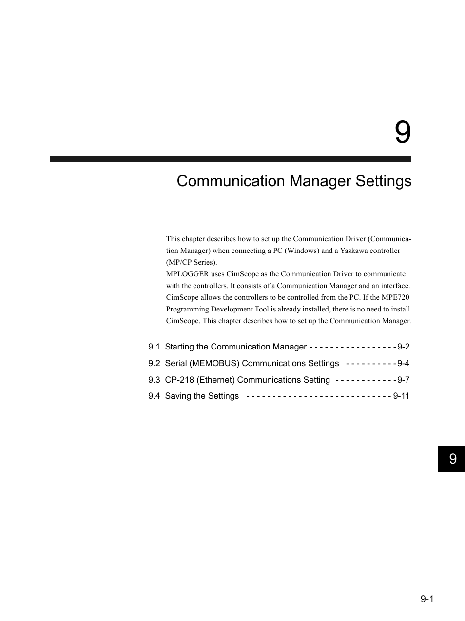 9 communication manager settings, Communication manager settings | Yaskawa MP900 Series MPLOGGER User Manual | Page 103 / 126