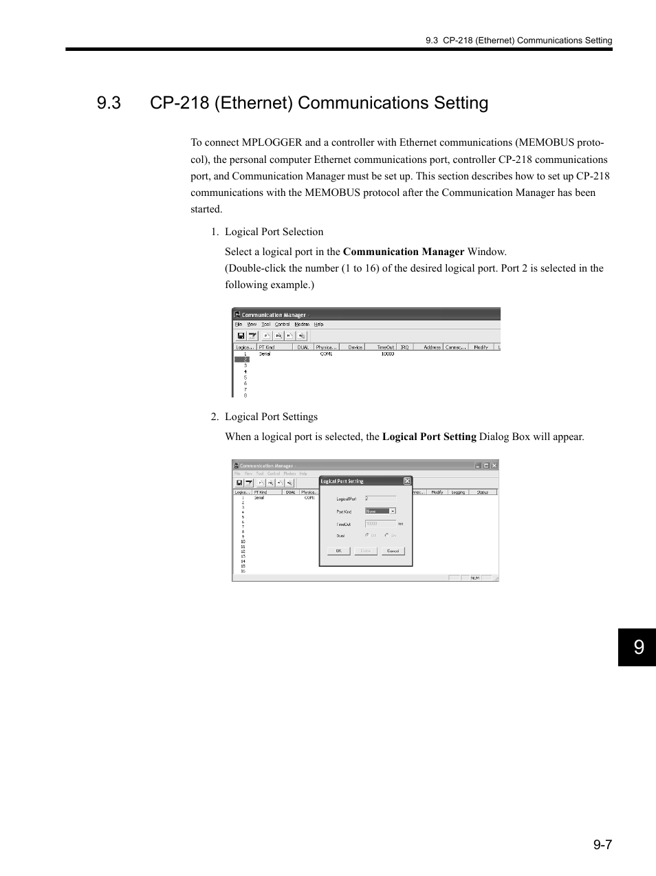 3 cp-218 (ethernet) communications setting | Yaskawa MP900 Series MPLOGGER User Manual | Page 109 / 126