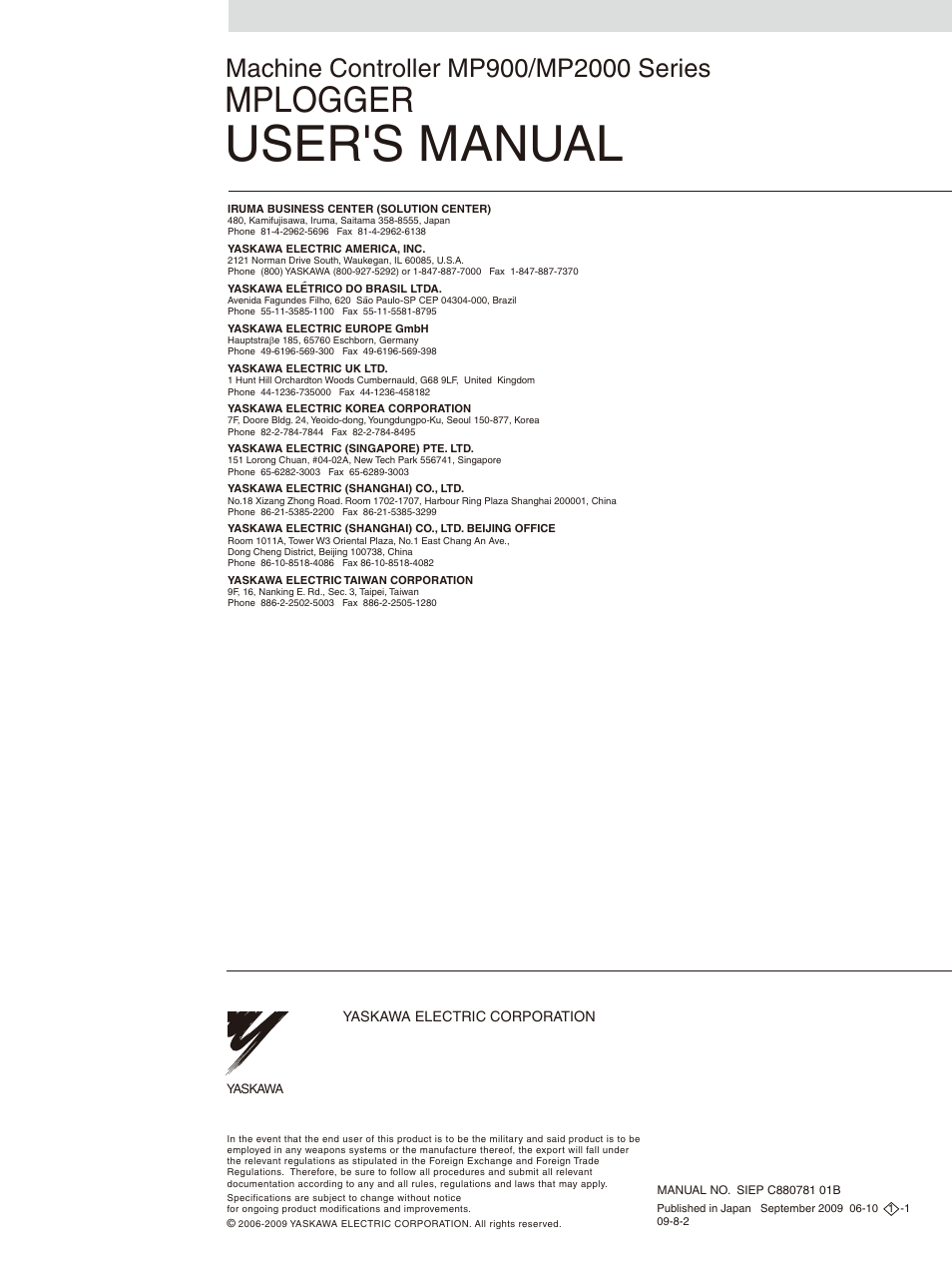 Back cover, User's manual, Mplogger | Yaskawa MP900 Series MPLOGGER User Manual | Page 126 / 126