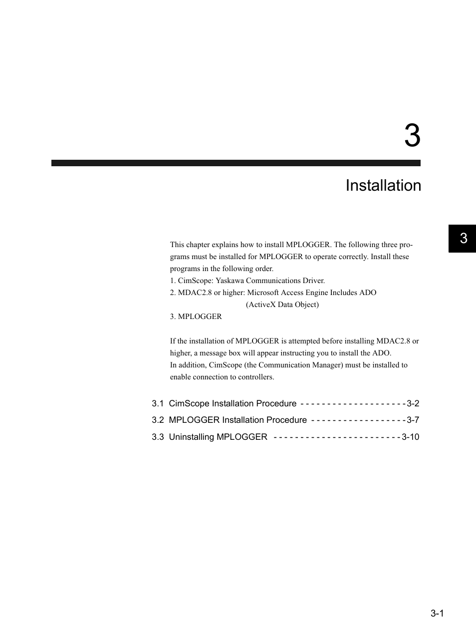 3 installation, Installation | Yaskawa MP900 Series MPLOGGER User Manual | Page 19 / 126