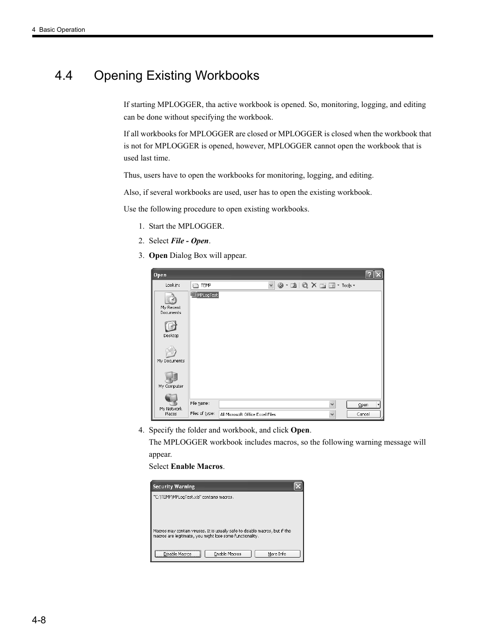 4 opening existing workbooks | Yaskawa MP900 Series MPLOGGER User Manual | Page 38 / 126