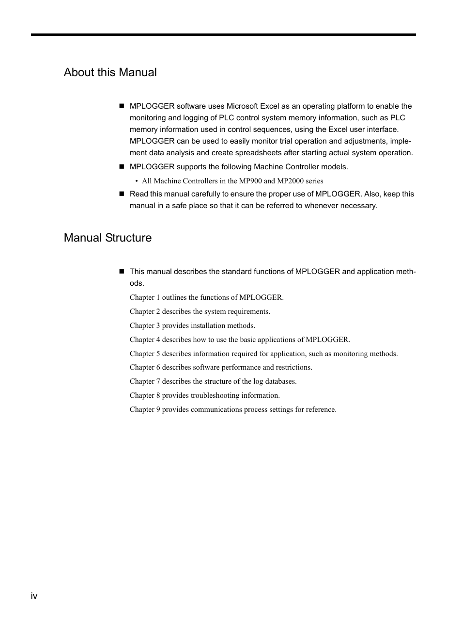 About this manual, Manual structure | Yaskawa MP900 Series MPLOGGER User Manual | Page 4 / 126