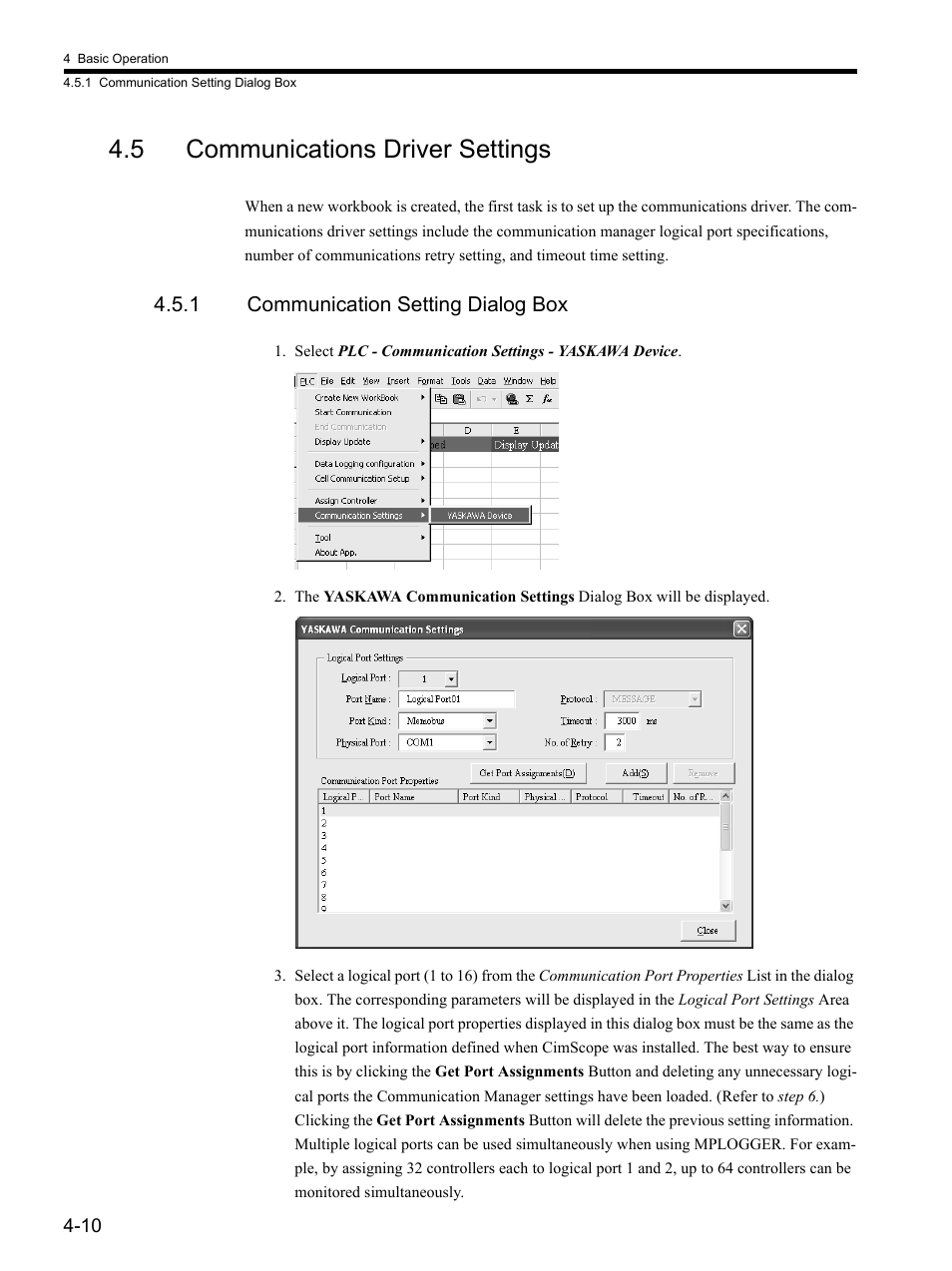 5 communications driver settings, 1 communication setting dialog box | Yaskawa MP900 Series MPLOGGER User Manual | Page 40 / 126
